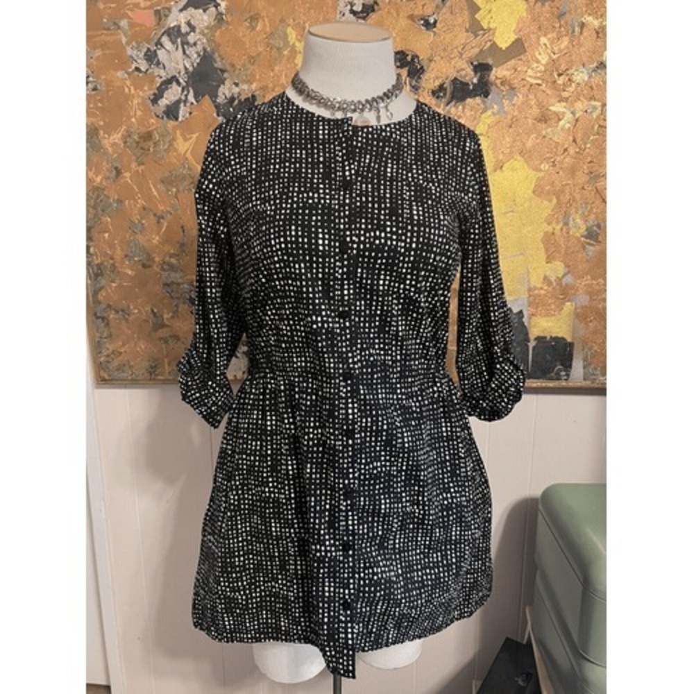 Ritva Falla Medium Black White Dots Short Dress Long Tunic Hidden Drawstring